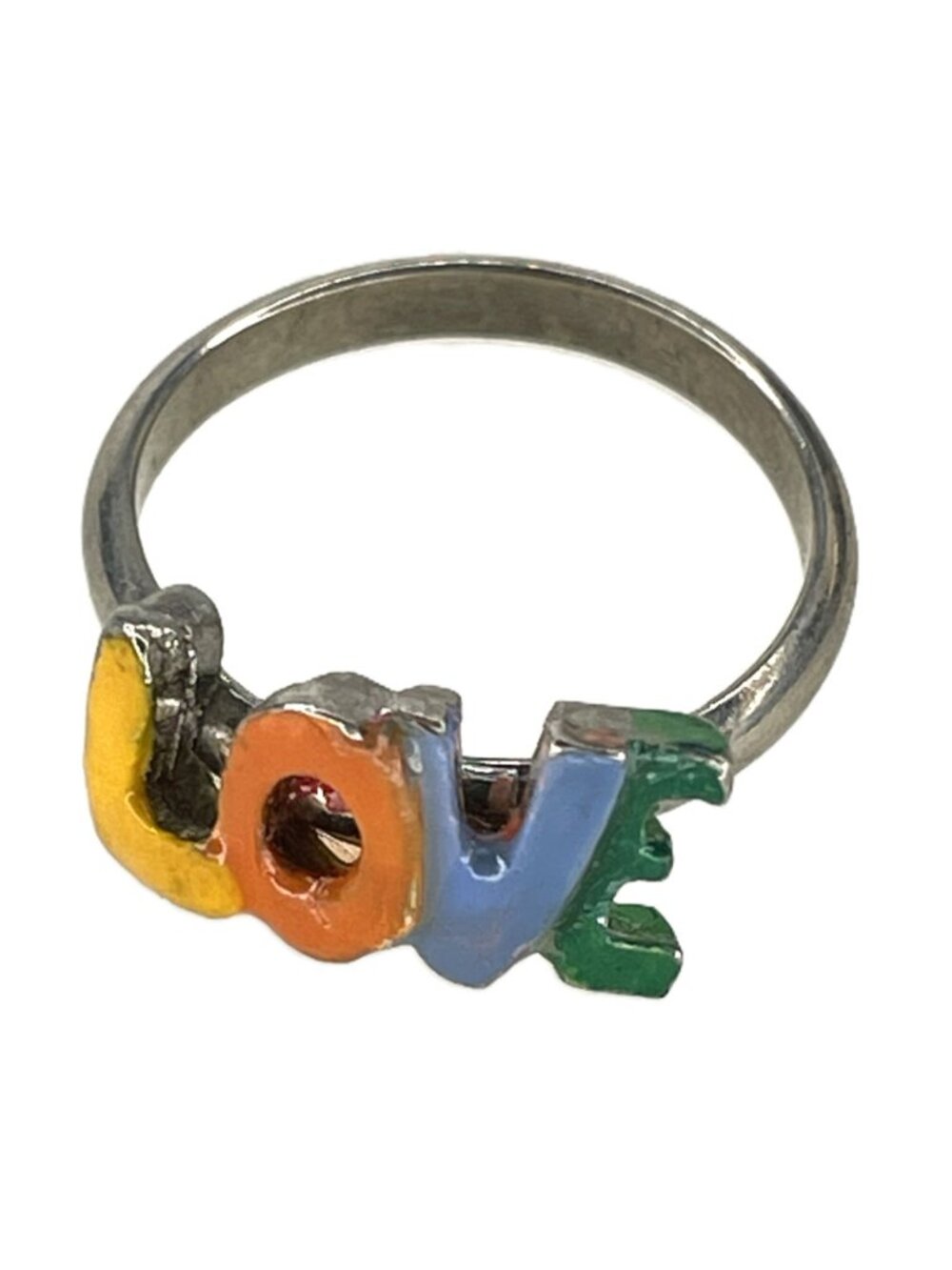 Vintage 70s Multi Color Enamel LOVE Bypass Ring Adjustable Silver Tone Retro Pop
